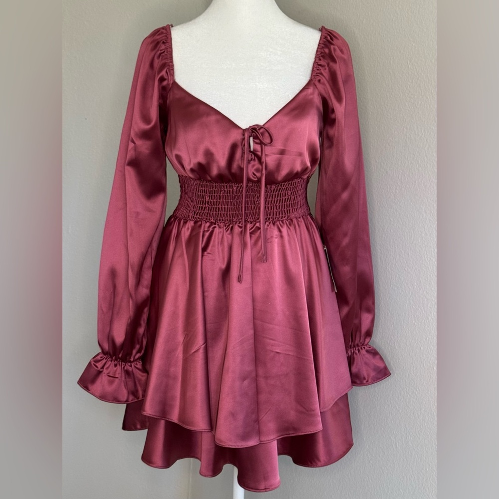 B Darlin Juniors' Smocked-Waist Burgundy Satin Dress